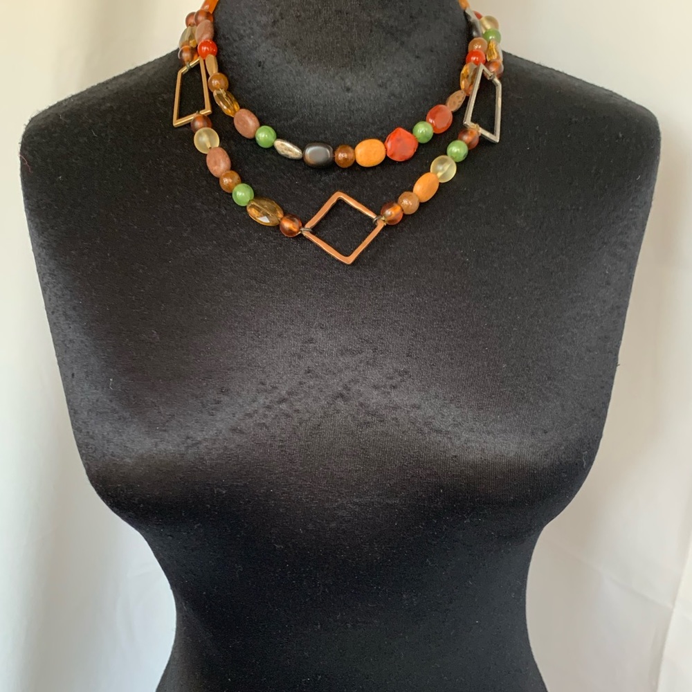 Chico’s Necklace Beaded Double Strand Multi Shape Gold, Copper, Silver Tone